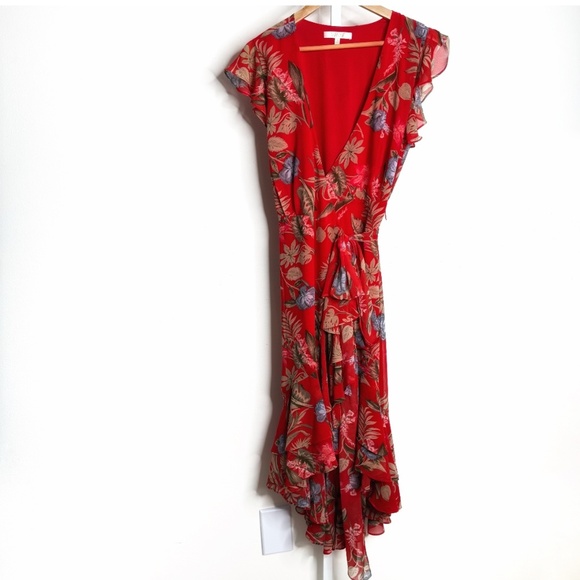 WAYF Clara Wrap Dress Botanical Red Print Floral High Low Ruffle Hem Size Medium - Picture 3 of 16